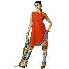 Sleeveless Printed Chudiaar Suit With Orange Colored Kameex And Printed Churidaar