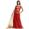 Red Poly Viscose And Cream Silk Lehenga