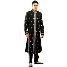 Black Sherwani With A Silver And Maroon Embroidered Border On Collar