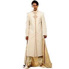 Cream Sherwani With Gold Embroidered Double Motif Yoke