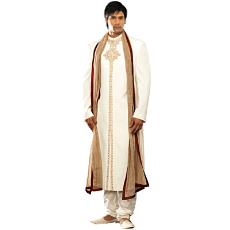 Cream Sherwani With Gold And Rust Embroidery Around The Collar