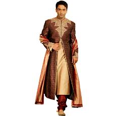 Deep Maroon Brocade Three Piece Sherwani