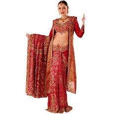 Three Pieces Stiched Saree Woven In Deep Red Jamevar