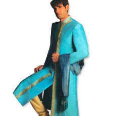 Blue Colored Sherwani With Golden Colored Embroidery