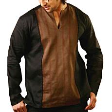 Black Linen Kurta With Lurex Threading On The Front