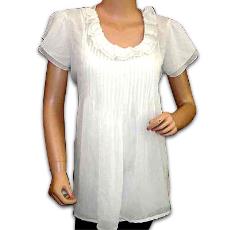 Cotton Pin Tuck Top With Frilled Neckline