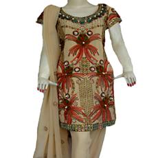 Beige Georgette Salwar Kurta With Zardozi, Crystal Stones And Pearls