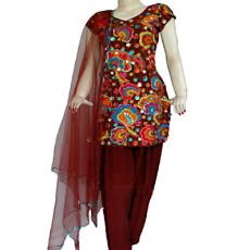 Pakistani Salwar Kameez With Fluorescent Patches And Crystal Stones